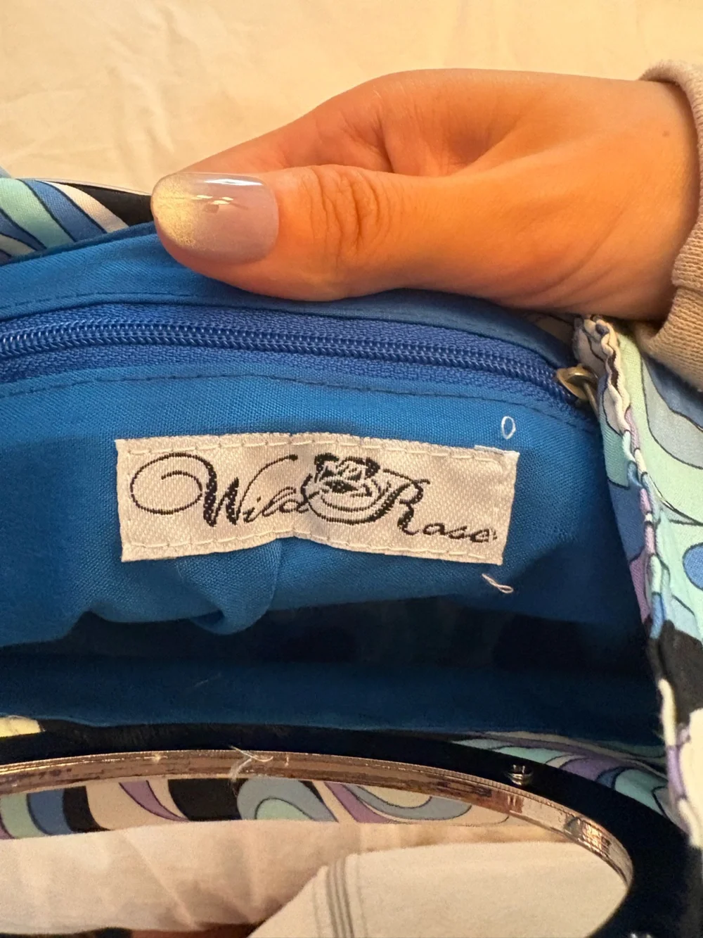 Vintage Swirl Print Oval-Handle Clutch in Blue & Lavender